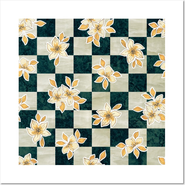 Yellow Flowers on a Checkerboard Background Wall Art by SpiralBalloon